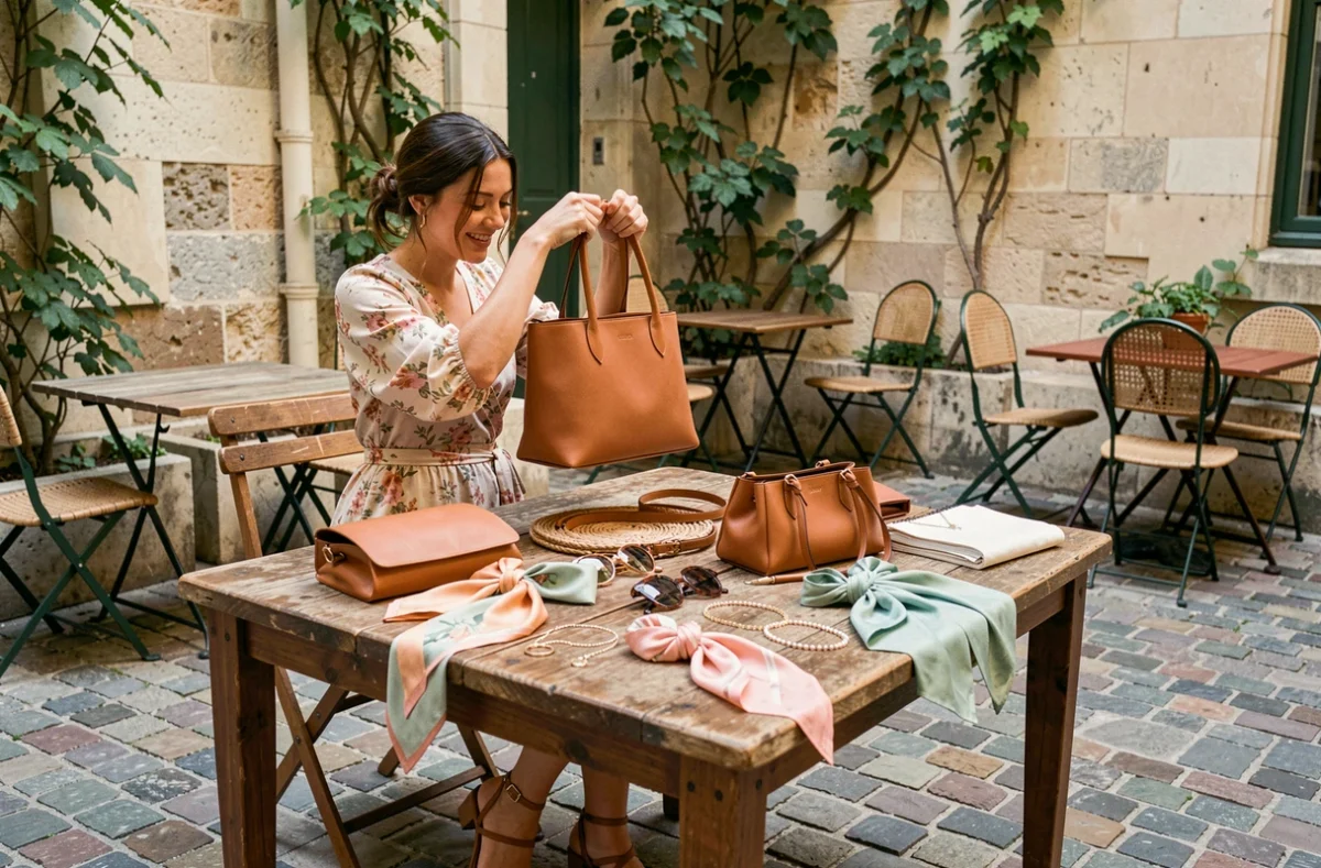Jeune femme en robe fleurie arrangeant des accessoires de mode féminins sur une table en bois dans une cour urbaine