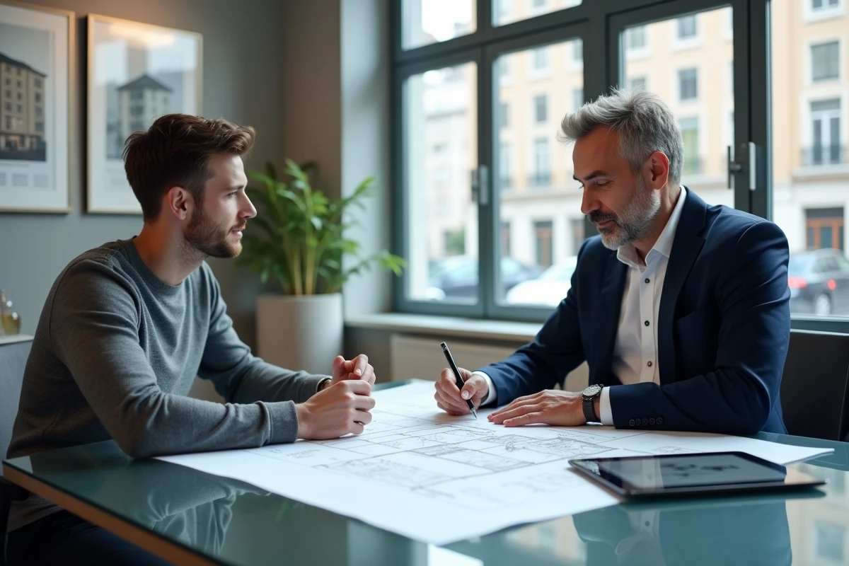 Agent immobilier et client analysant un plan de bien immobilier dans une agence professionnelle moderne