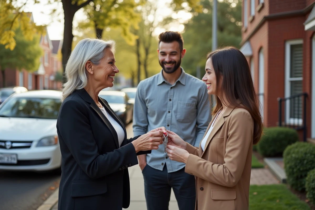 Agent immobilier remettant les clés à un jeune couple devant une maison
