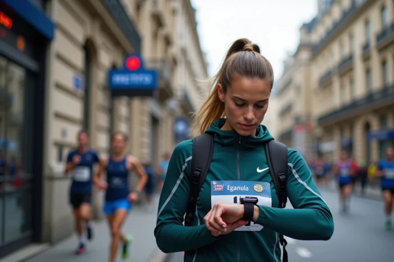 Femme sportive ajustant sa montre près du métro parisien