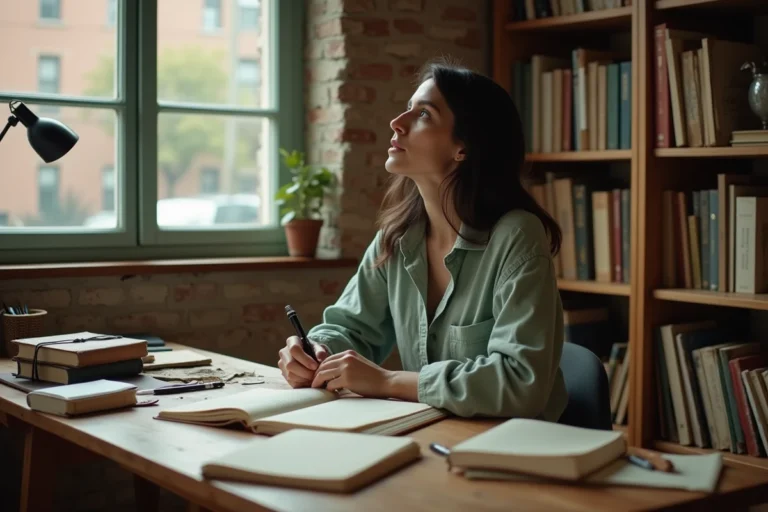 Auteure passionnée Moon écrivant dans son bureau créatif entouré de livres et de carnets manuscrits