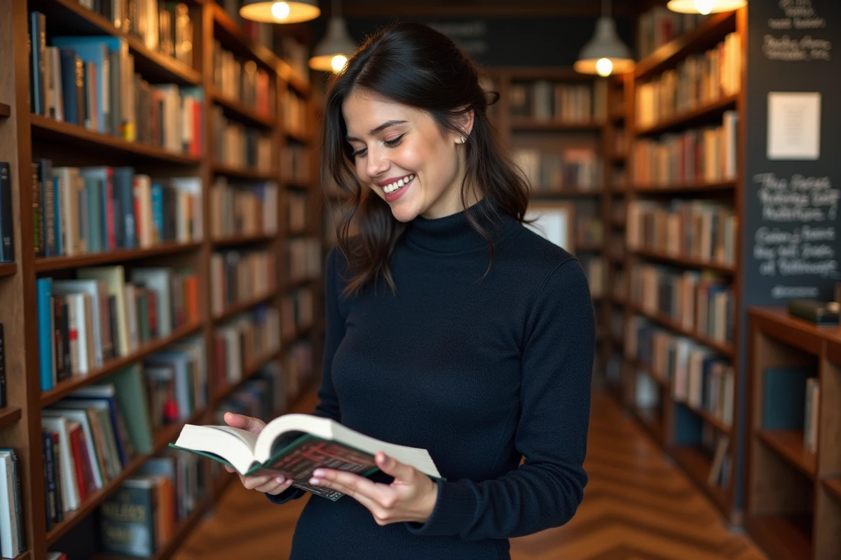 Moon, auteure créative, explorant une librairie indépendante avec passion et curiosité littéraire