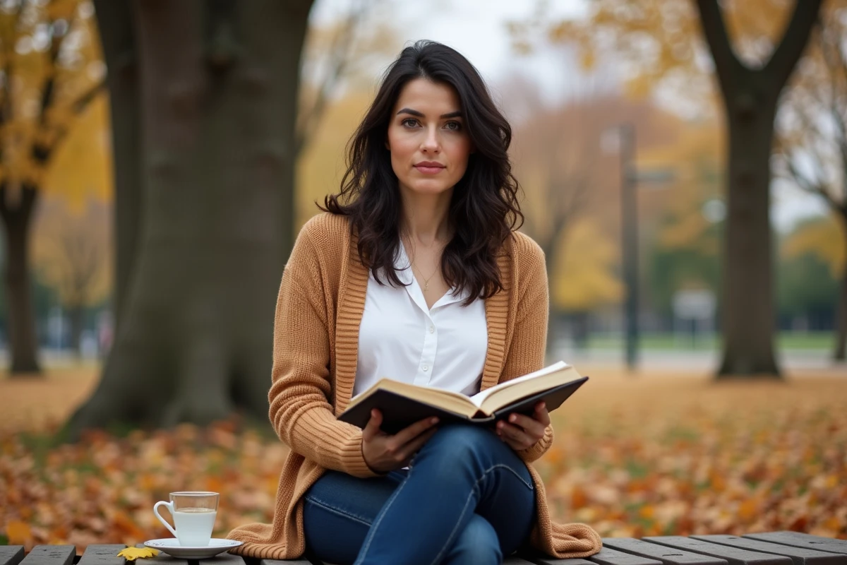 Moon auteure assise dans un parc en automne écrivant dans son journal avec une atmosphère contemplative