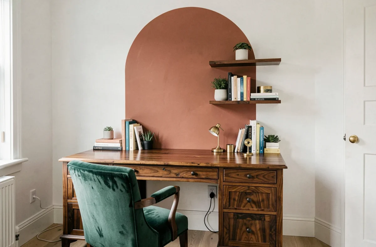 Coin bureau à domicile avec fauteuil velours vert, bureau en noyer et décoration tendance laiton brossé