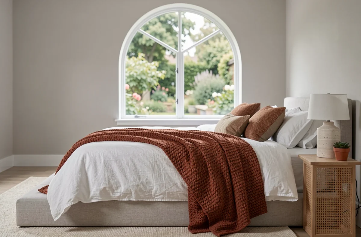 Chambre principale épurée avec literie en lin blanc, jeté en laine terracotta et décoration tendance naturelle