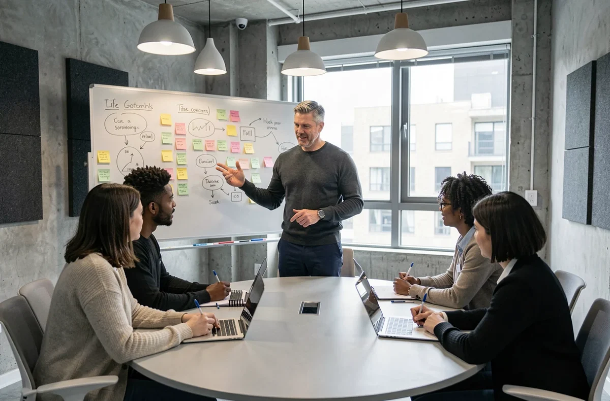 Coach professionnel animant une formation en salle avec un groupe d'adultes devant un tableau blanc couvert de schémas et de notes