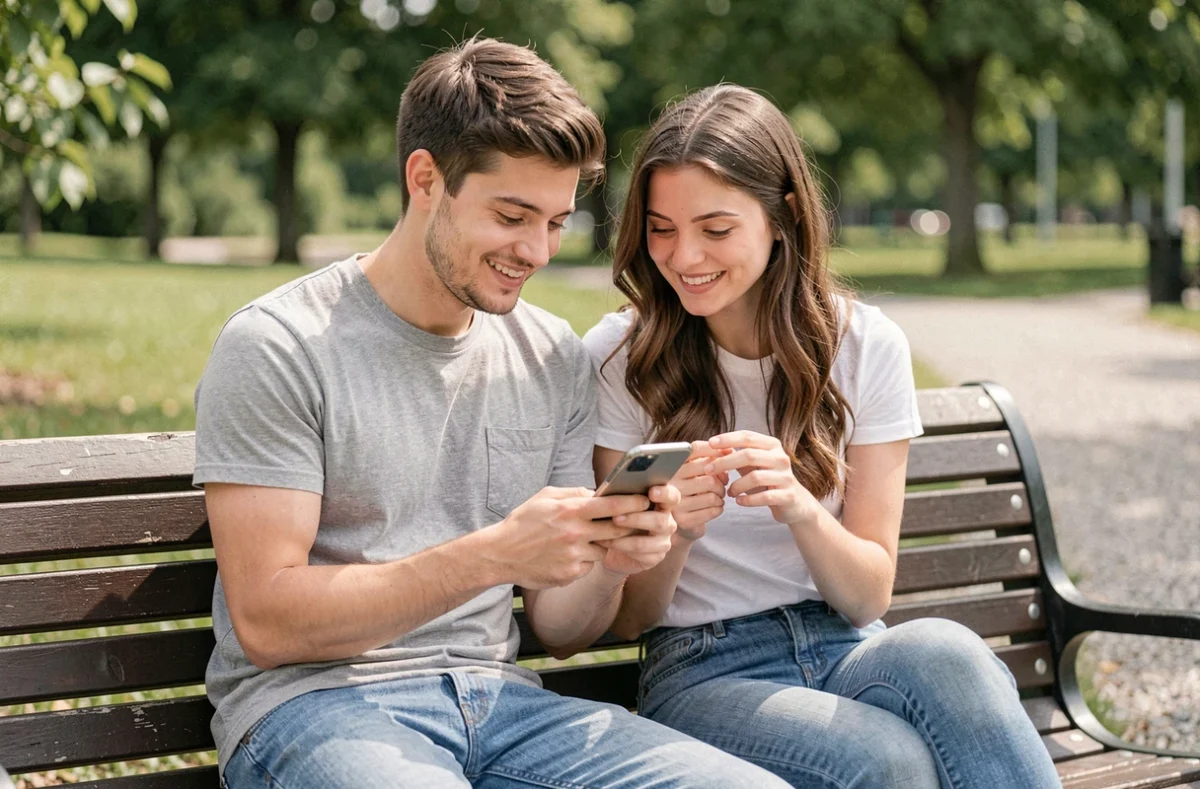Deux amis regardant ensemble un smartphone dans un parc, symbolisant la complicité liée au cœur jaune sur Snapchat