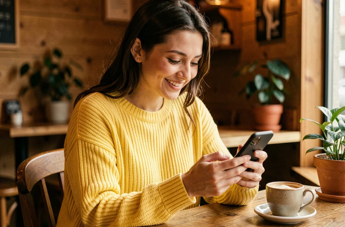 Jeune femme souriante regardant son smartphone dans un café, illustrant l'envoi d'un emoji cœur jaune sur Snapchat