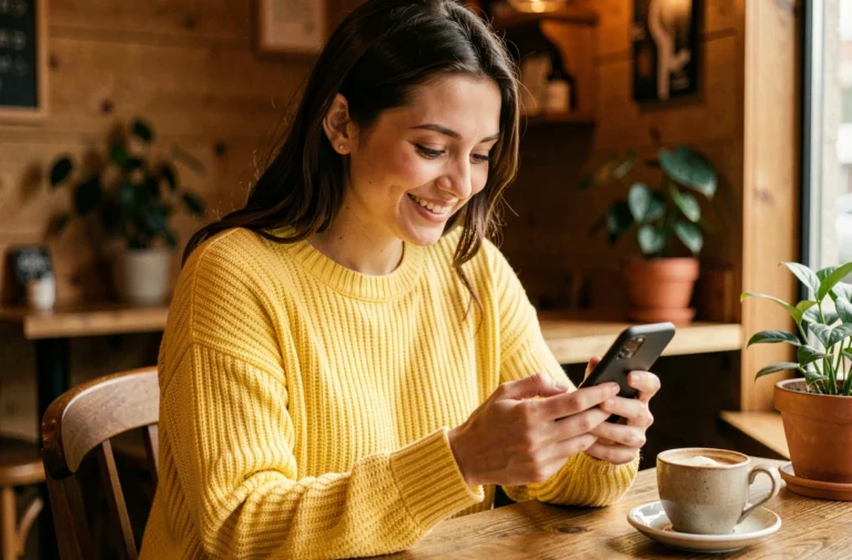 Jeune femme souriante regardant son smartphone dans un café, illustrant l'envoi d'un emoji cœur jaune sur Snapchat