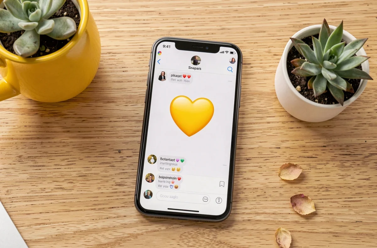 Vue de dessus d'un smartphone affichant un cœur jaune dans une interface de messagerie Snapchat sur un bureau en bois