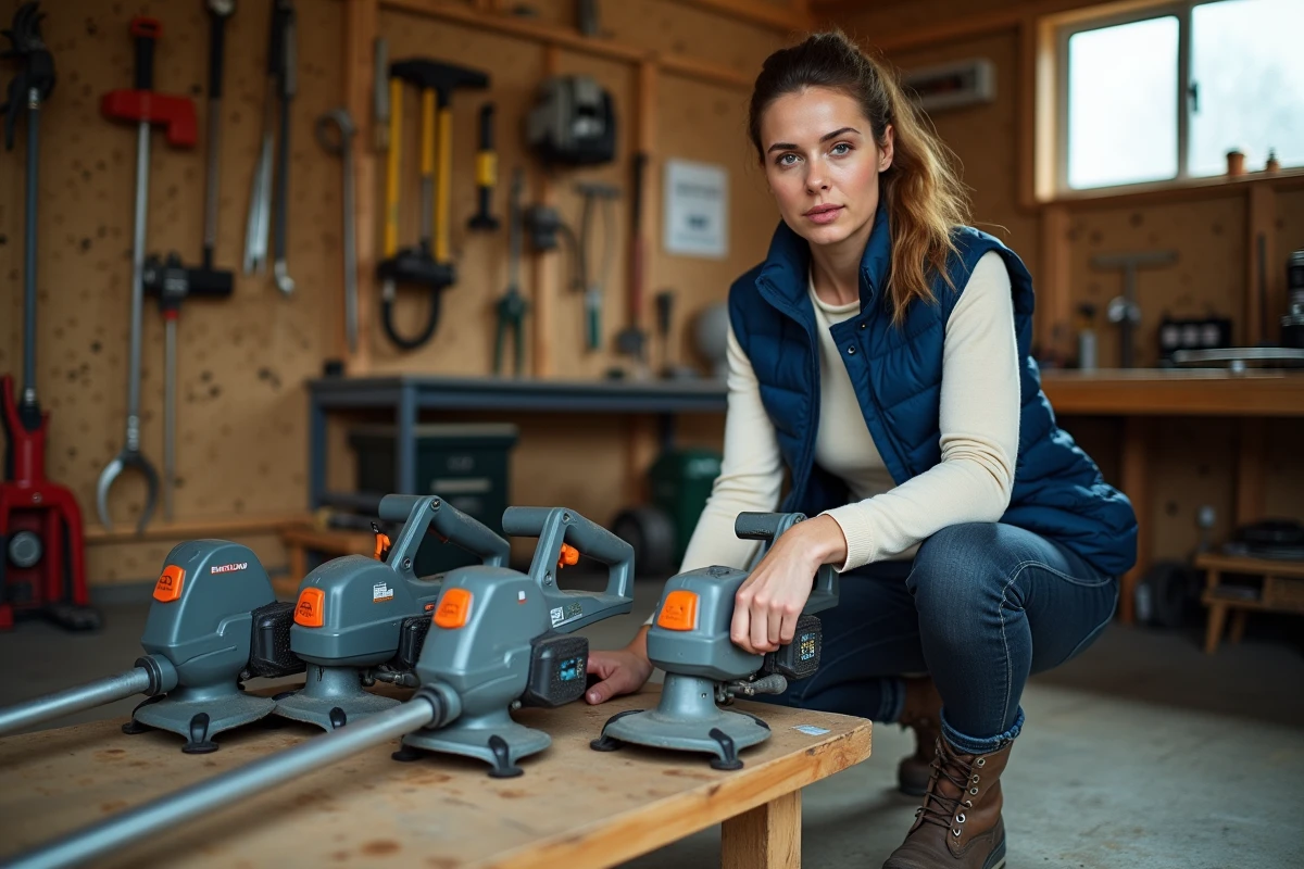 Femme comparant plusieurs modèles de débroussailleuses dans un atelier de jardinage bien équipé