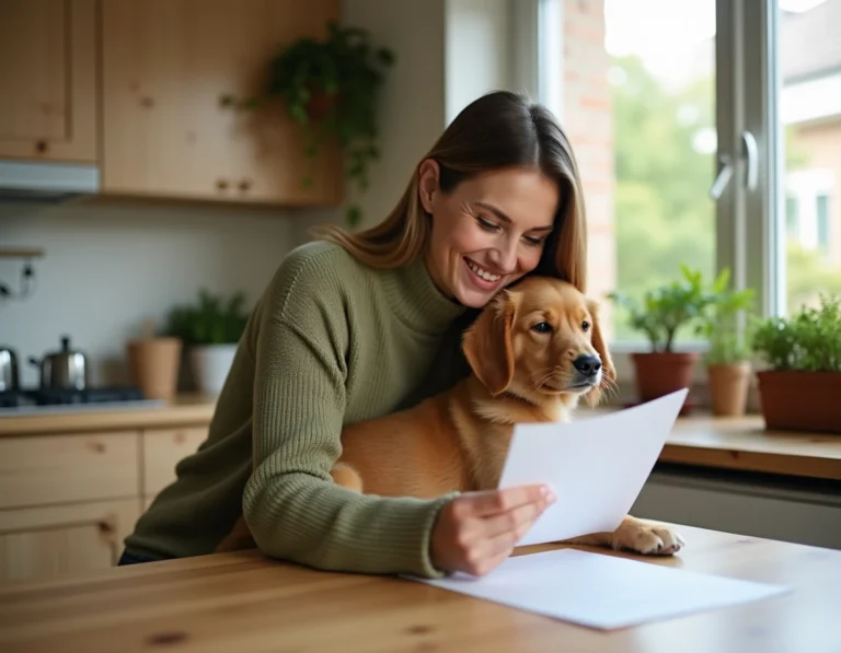 Femme consultant un comparatif de mutuelle animaux avec son chien golden retriever dans une cuisine moderne
