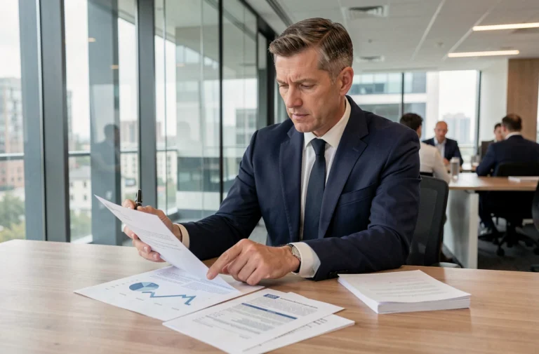 Conseiller financier analysant des documents d'assurance OAP dans un bureau moderne