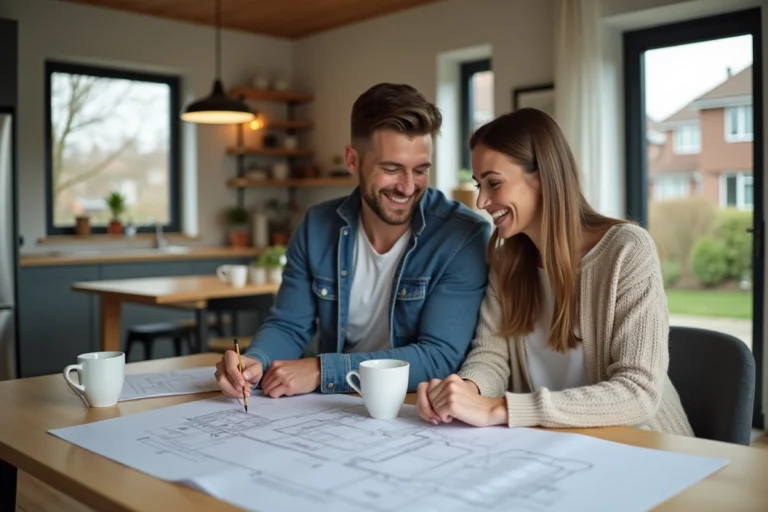 Couple souriant examinant des plans architecturaux dans une cuisine moderne