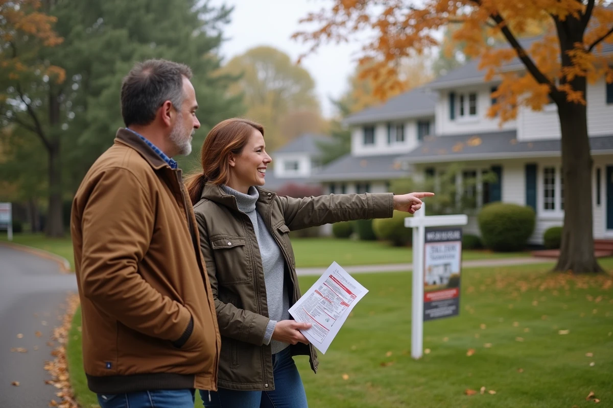 Couple visitant une maison à vendre en banlieue avec panneau d'agence immobilière et feuillage automnal