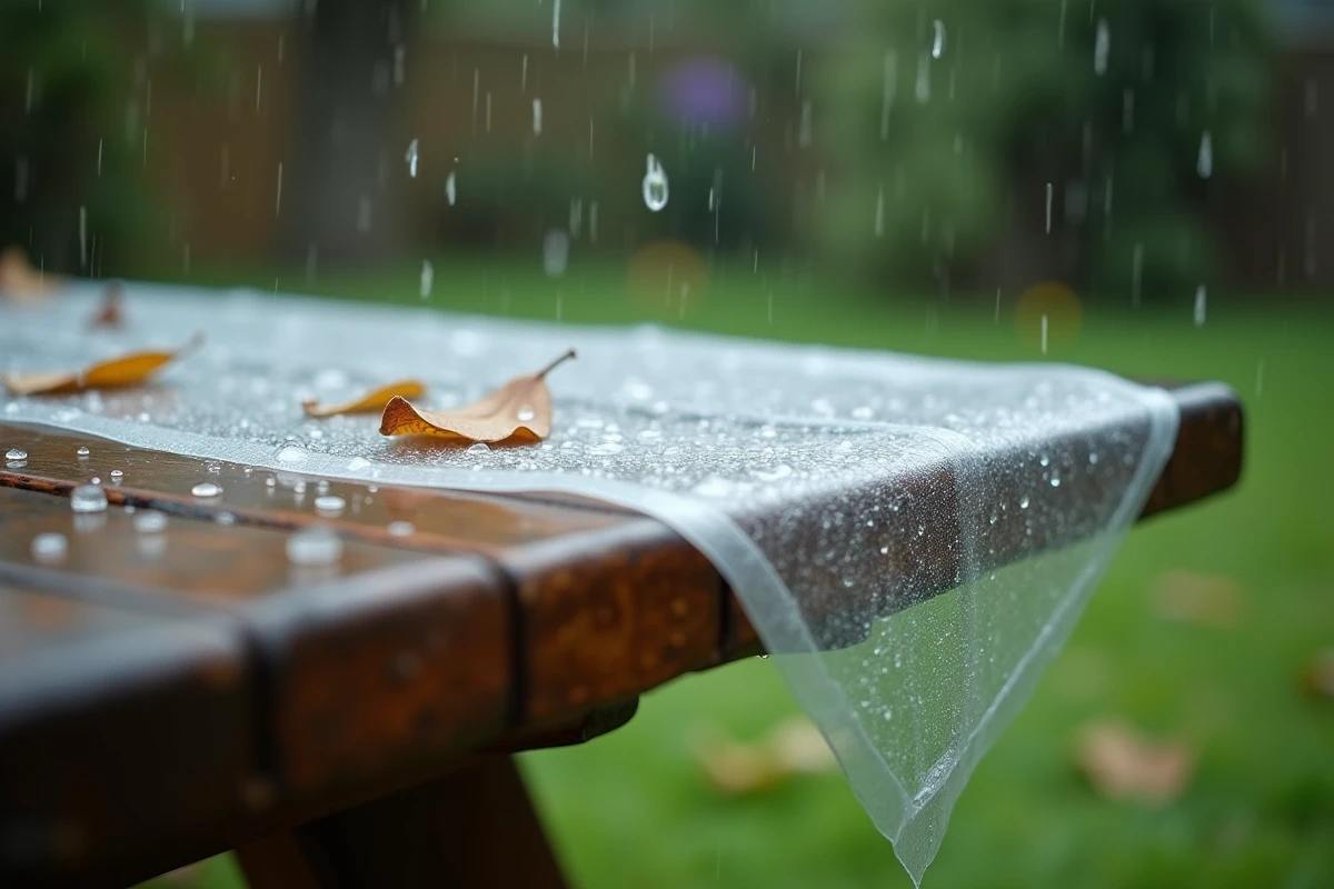 Gros plan sur une nappe transparente anti UV avec des gouttes de pluie sur une table de pique-nique en bois