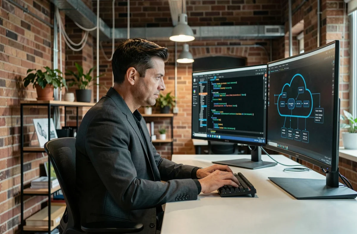 Développeur informatique travaillant sur une infrastructure cloud dans un bureau de startup pour accélérer la digitalisation d'entreprise