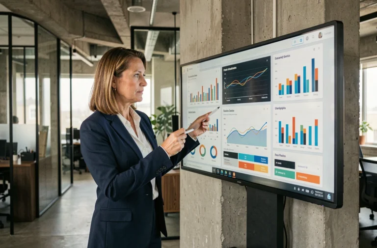 Dirigeante d'entreprise interagissant avec un tableau de bord numérique pour piloter la transformation digitale de son organisation
