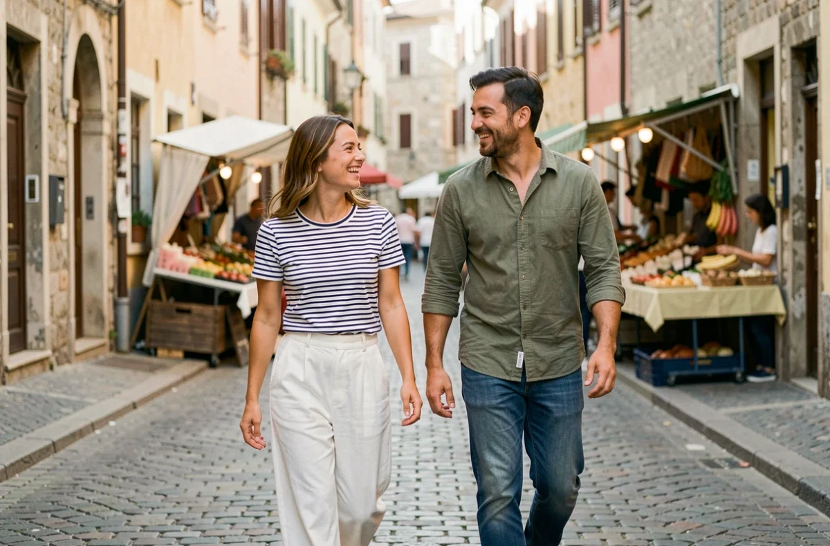 Deux amis en tenue décontractée Liberto se promenant sur une rue pavée européenne avec des looks coordonnés et tendance