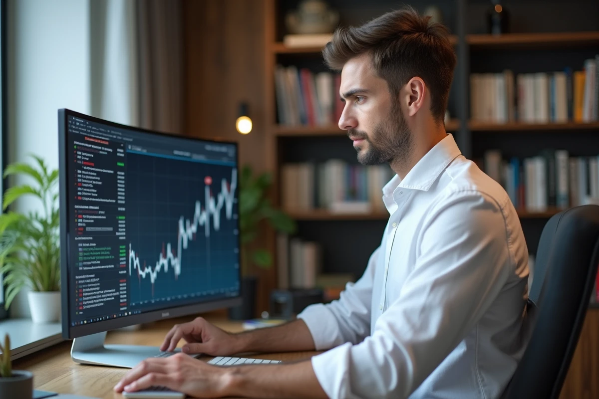Jeune entrepreneur consultant les actualités business et tendances économiques sur un écran dans un bureau minimaliste