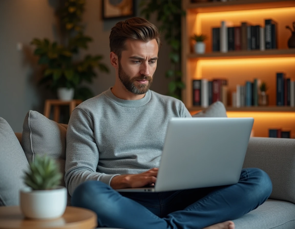 Entrepreneur en télétravail planifiant une stratégie de marketing digital sur son ordinateur portable depuis son bureau à domicile