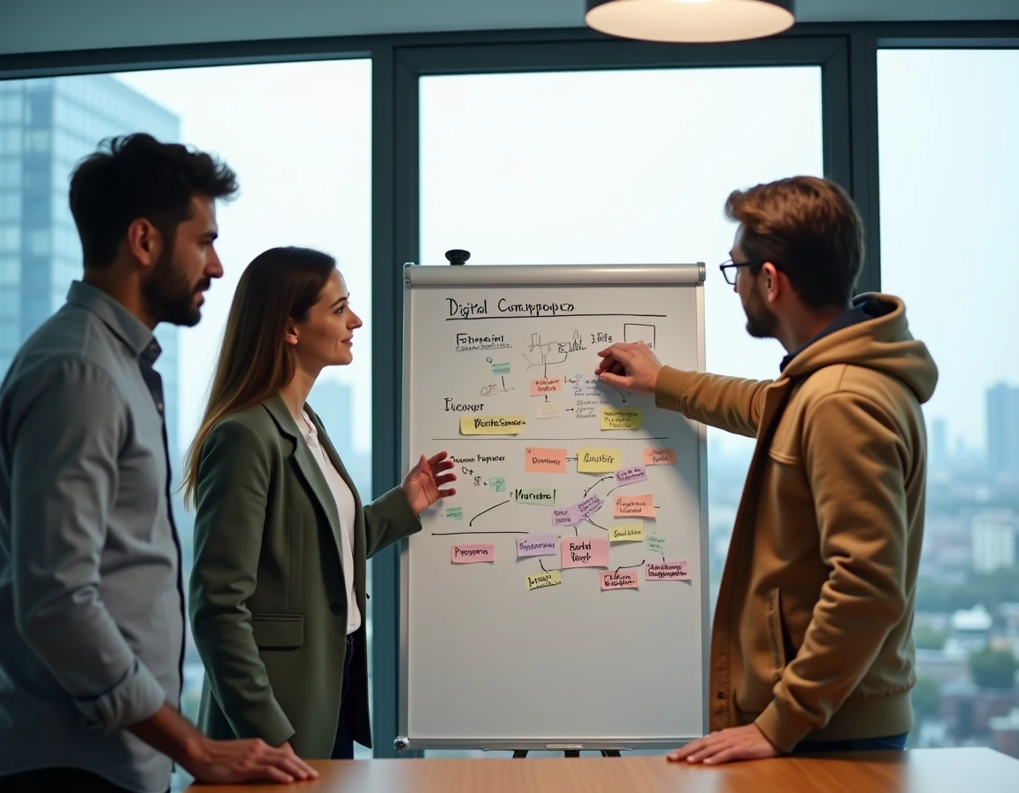 Équipe diverse collaborant autour d'un tableau blanc pour élaborer une stratégie de marketing digital en entreprise