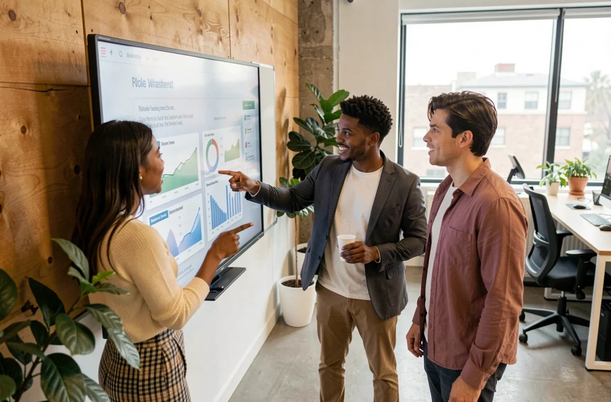 Équipe de professionnels analysant les tendances numériques 2024 sur un écran interactif dans un espace de travail moderne