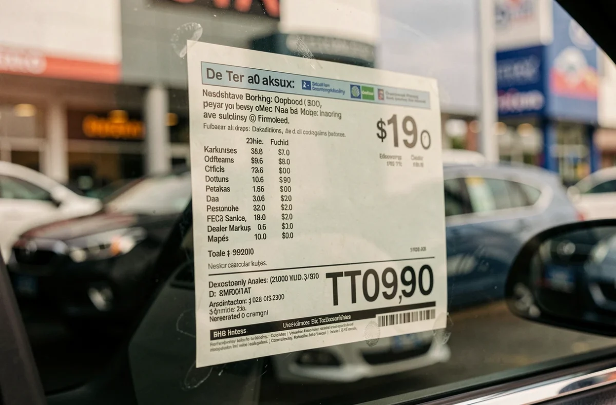 Étiquette de prix détaillée sur la vitre d'une voiture neuve révélant les marges et majorations du marché automobile