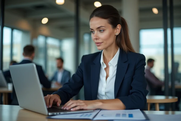 Femme d'affaires analysant des données économiques sur un ordinateur portable dans un bureau moderne