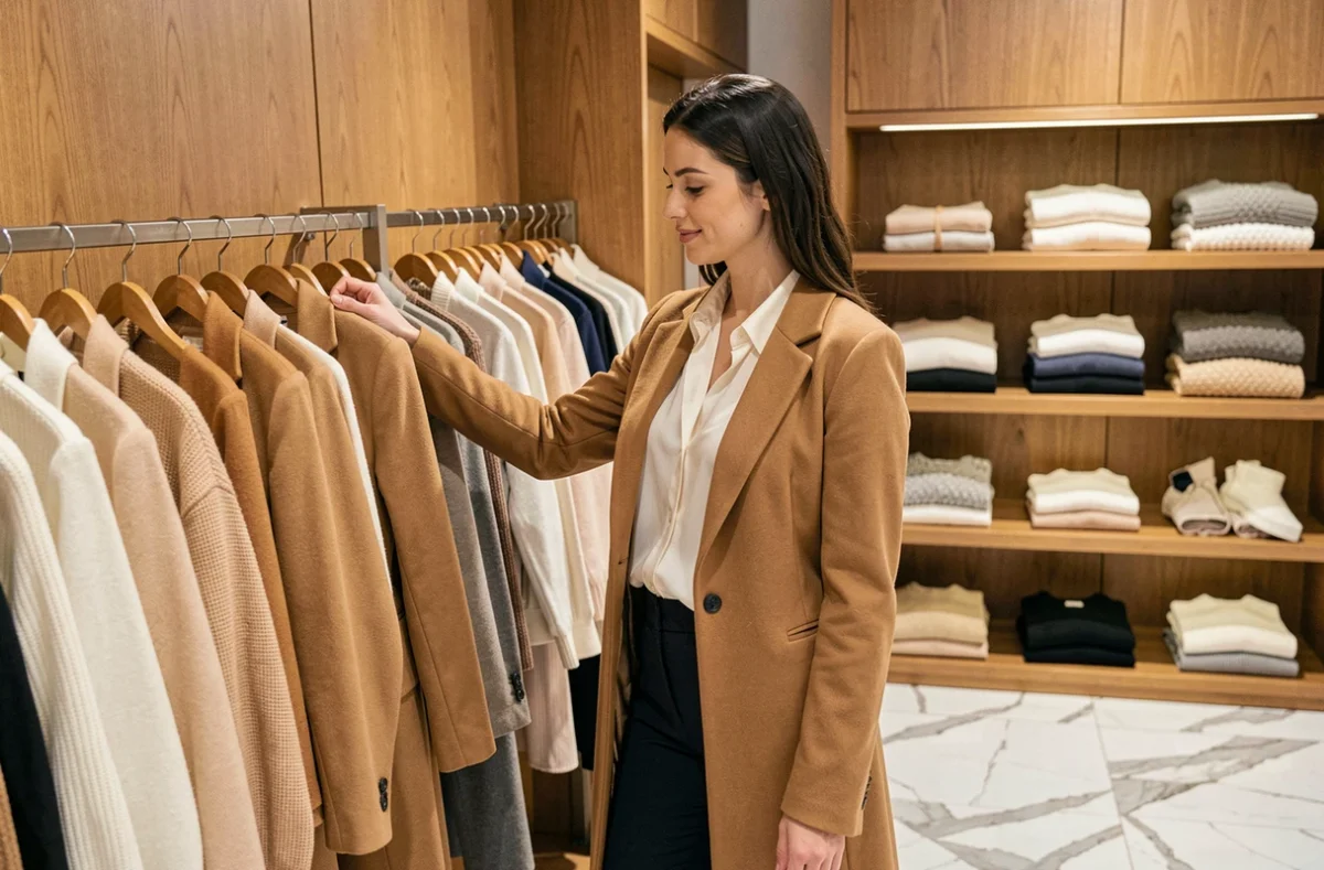 Femme élégante parcourant un portant de vêtements dans une boutique de mode féminine moderne aux tons chaleureux