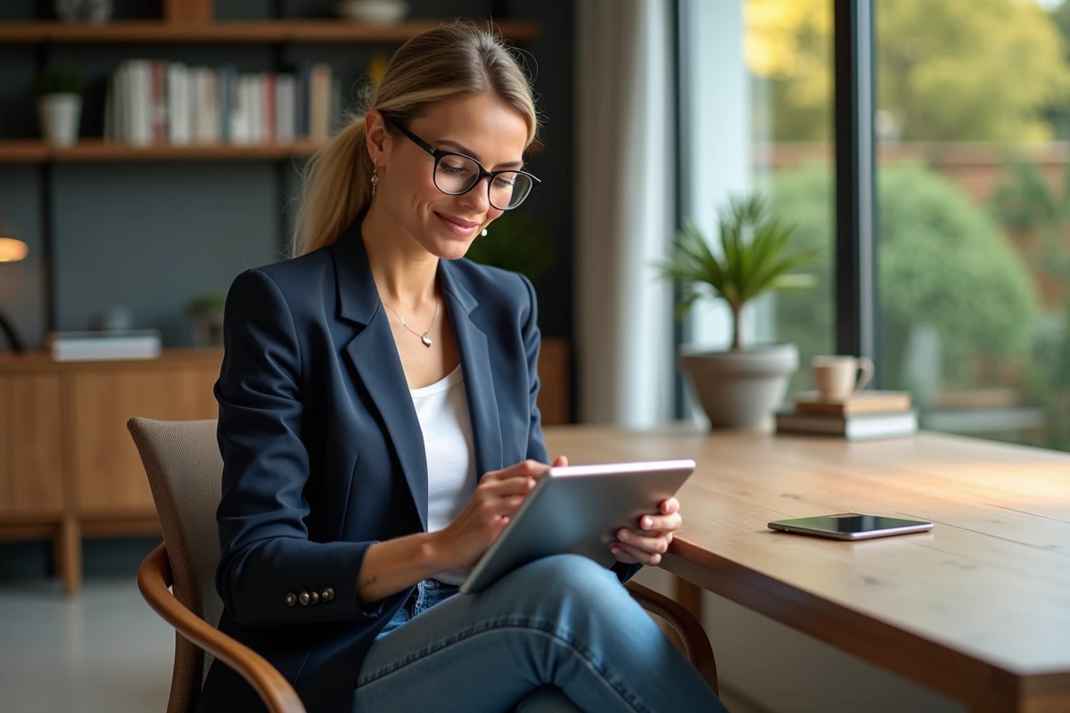 Femme confiante travaillant sur une tablette dans son bureau