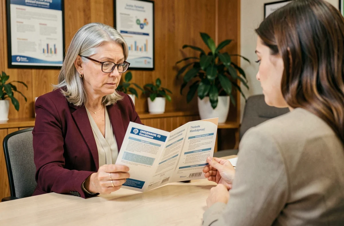 Femme discutant des types d'assurance OAP avec une agente dans une agence d'assurance