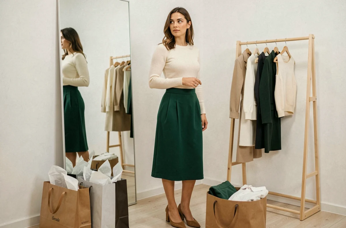 Femme essayant une tenue complète devant un miroir dans une cabine d'essayage minimaliste avec des sacs shopping