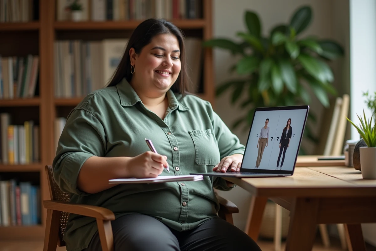 Femme en taille 7XL consultant un guide des tailles de vêtements en ligne depuis son bureau à domicile