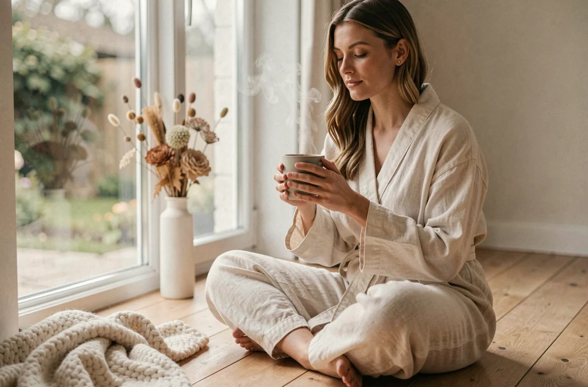 Femme en robe de lin tenant une tasse d'infusion bien-être dans un salon minimaliste scandinave