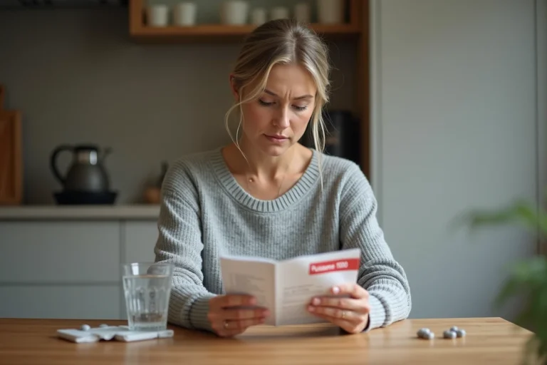 Femme lisant la notice d'un complément alimentaire Puissance 1000 à la maison, analysant les effets secondaires et contre-indications