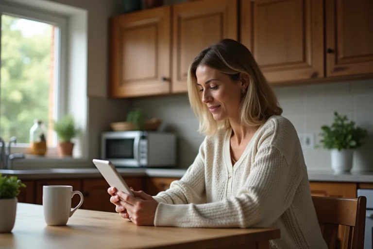 Femme lisant des actualites sur une tablette dans la cuisine