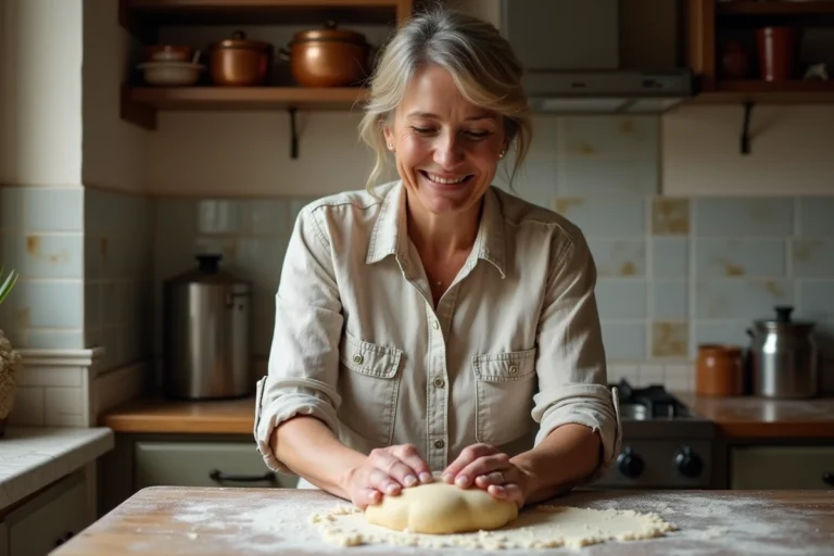Femme en cuisine faisant de la pâte à la main
