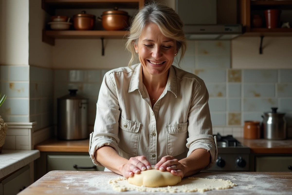 Femme en cuisine faisant de la pâte à la main