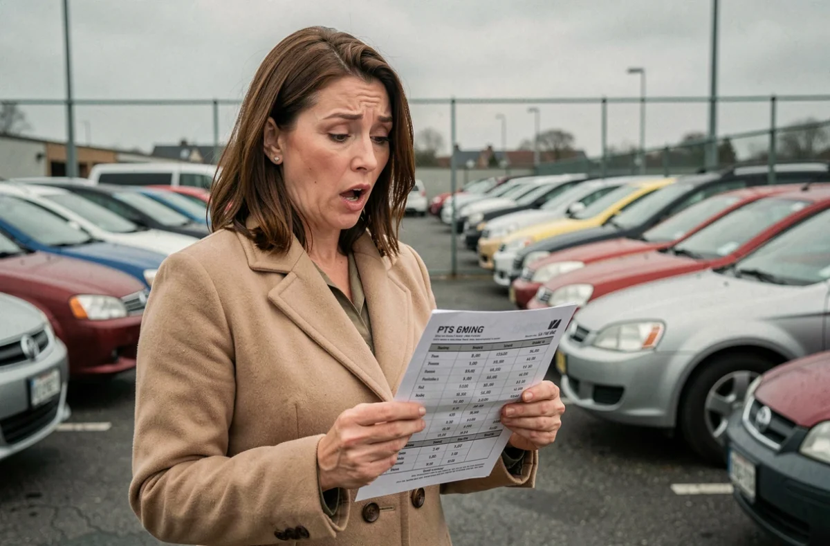 Femme surprise par les prix élevés des voitures d'occasion dans un parc automobile extérieur