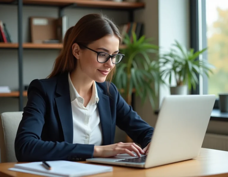 Femme consultant un site d'offres d'emploi sur son ordinateur portable dans un bureau à domicile moderne