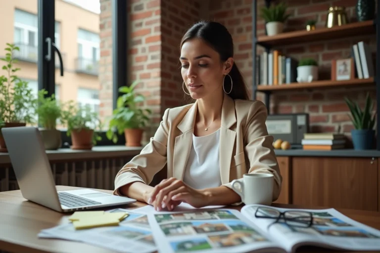 Femme consultant des annonces immobilières sur ordinateur portable et documents papier dans un appartement moderne