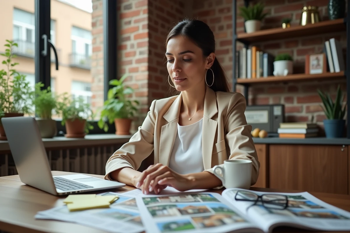Femme consultant des annonces immobilières sur ordinateur portable et documents papier dans un appartement moderne