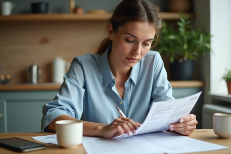 Femme consultant ses relevés bancaires pour arrêter un prélèvement automatique au Crédit Agricole