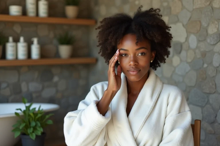 Jeune femme noire appliquant une creme visage dans une salle de bain moderne
