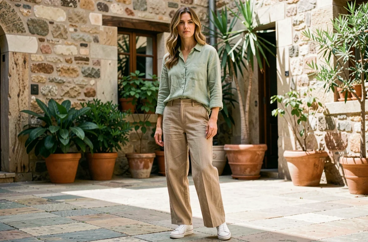 Femme en tenue décontractée Liberto avec chemise en lin vert sauge et pantalon large beige dans une cour urbaine ensoleillée