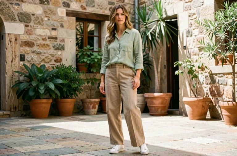 Femme en tenue décontractée Liberto avec chemise en lin vert sauge et pantalon large beige dans une cour urbaine ensoleillée