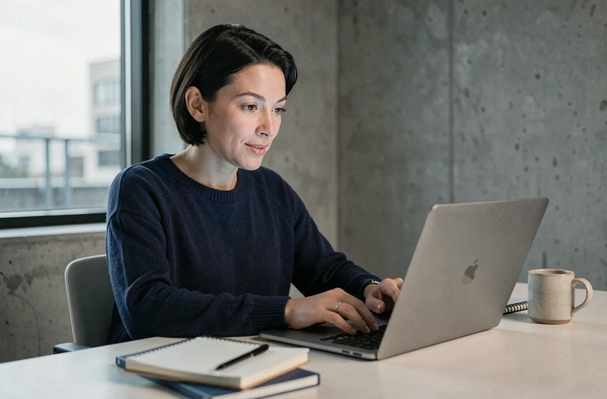 Femme parcourant les dernières tendances du web sur son ordinateur portable dans un bureau minimaliste moderne
