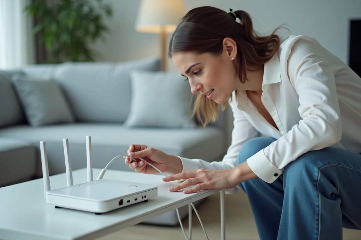 Femme inspectant les voyants d'un routeur WiFi pour diagnostiquer un problème de connexion Internet