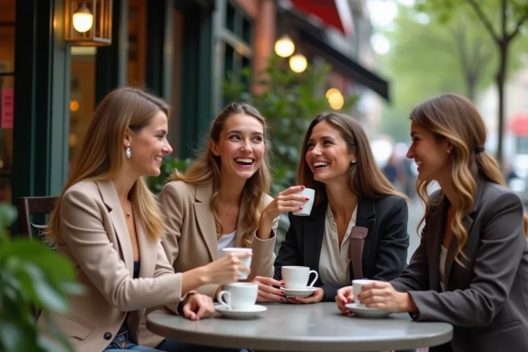Groupe de femmes élégantes discutant au café en ville